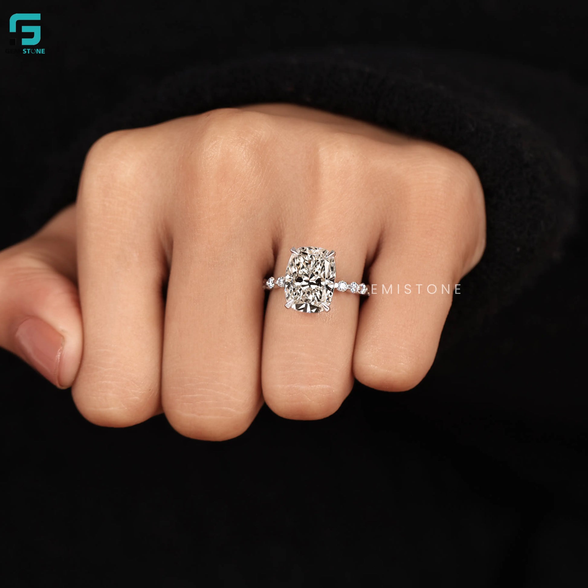 6CT Cushion Cut Round Pave Band Ring