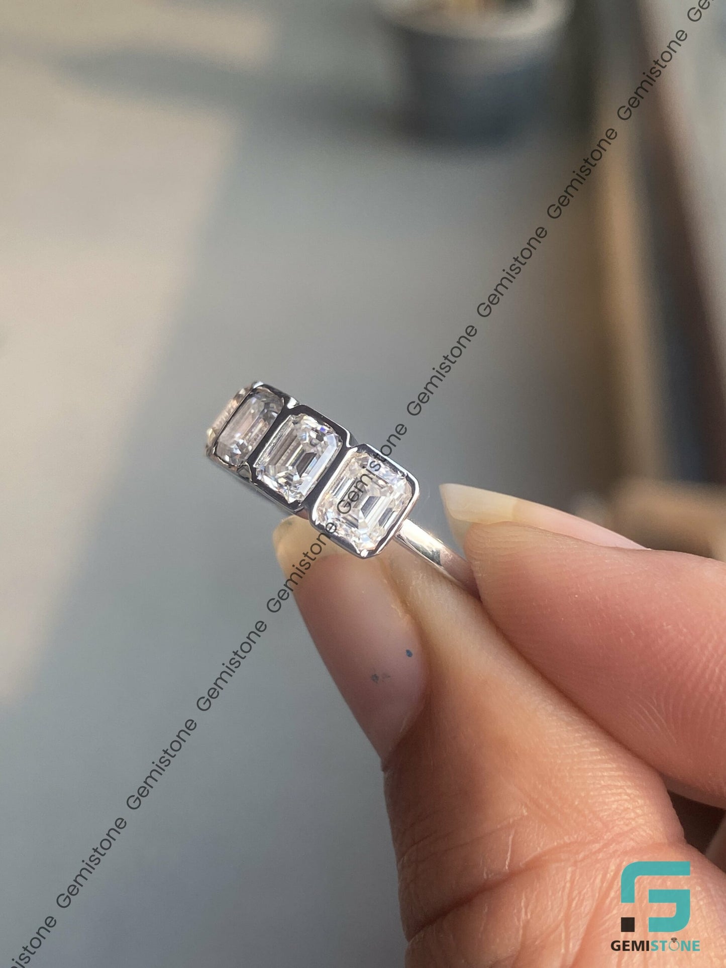 3.5 CTW Half Eternity Moissanite Emerald Cut Bezel Ring For Her
