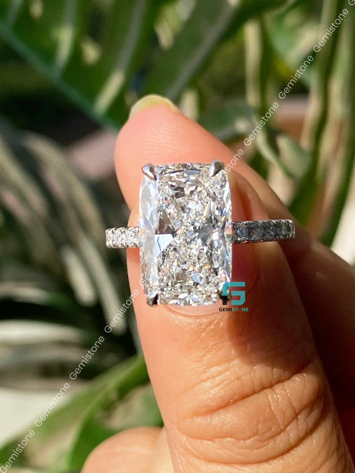 Big Radiant Hidden Halo Moissanite Pave Band Wedding Ring