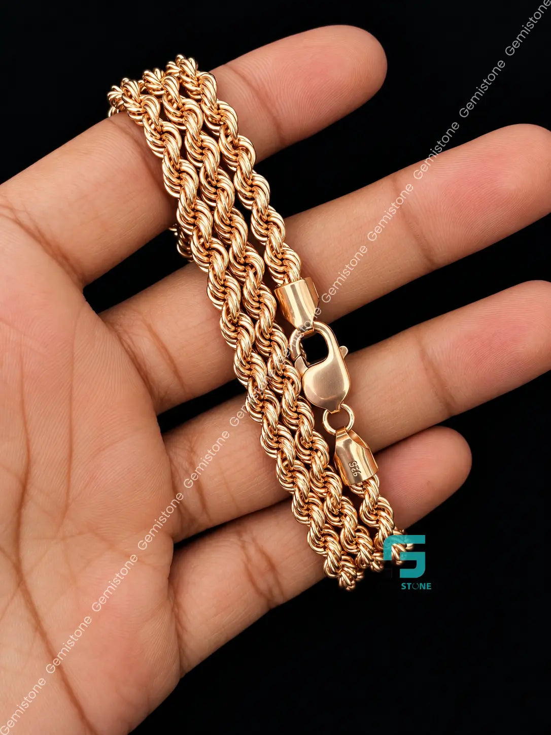 7MM Rose Gold Plated Lobster Closure Rope Chain in 925 Silver