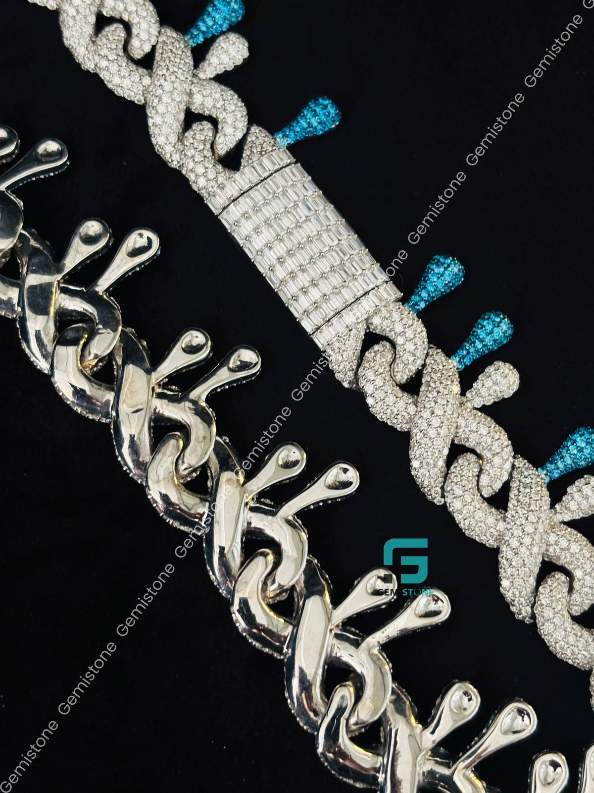 14MM Iced Out White & Sky Blue Diamond Moissanite Chain