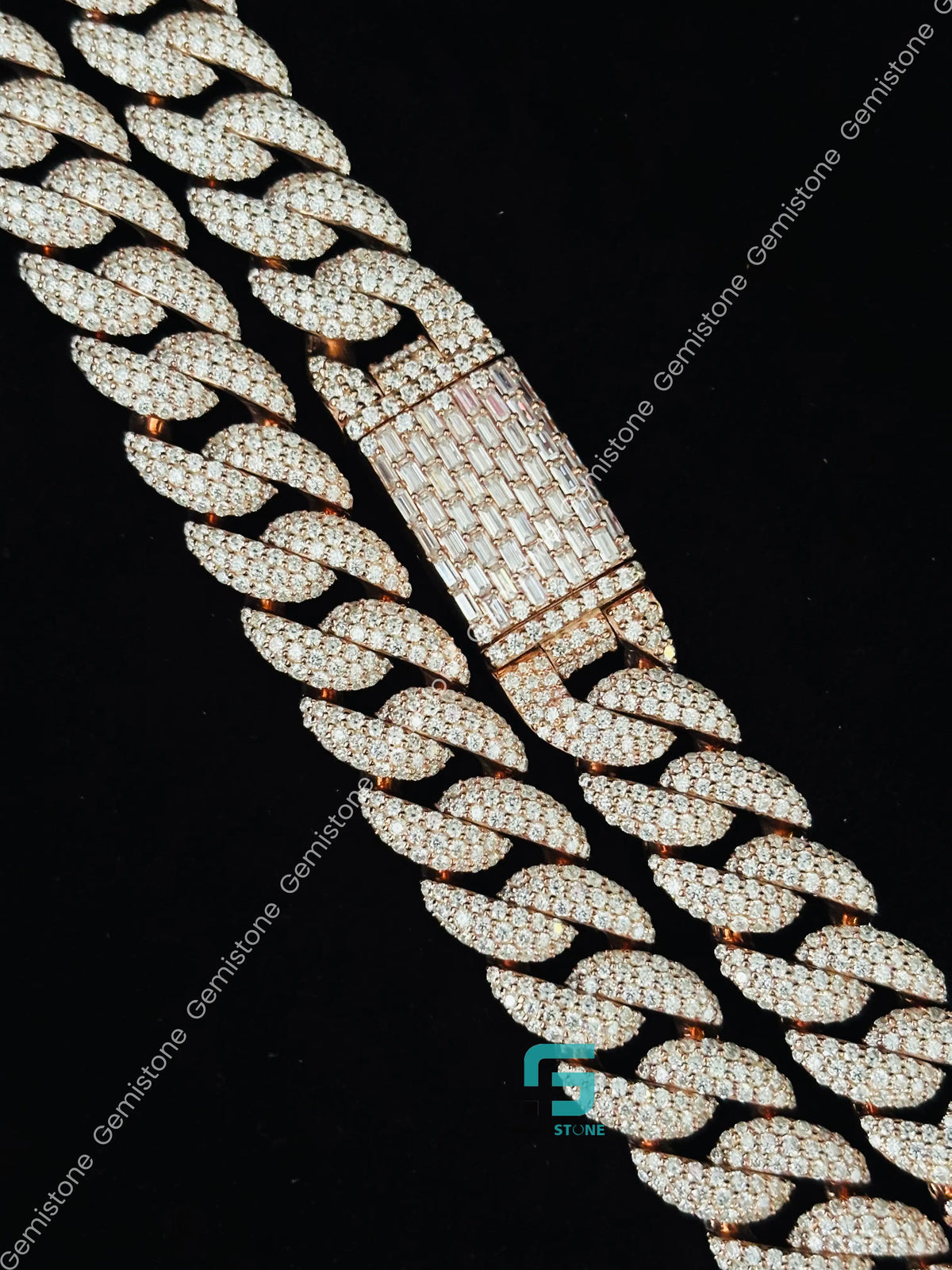925 Silver 18MM Baguette and Round Diamond Cuban Link Chain