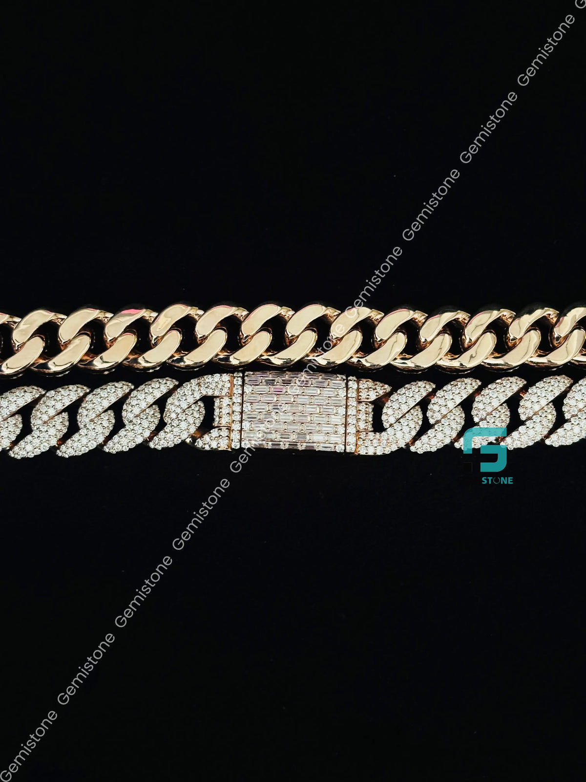 925 Silver 18MM Baguette and Round Diamond Cuban Link Chain