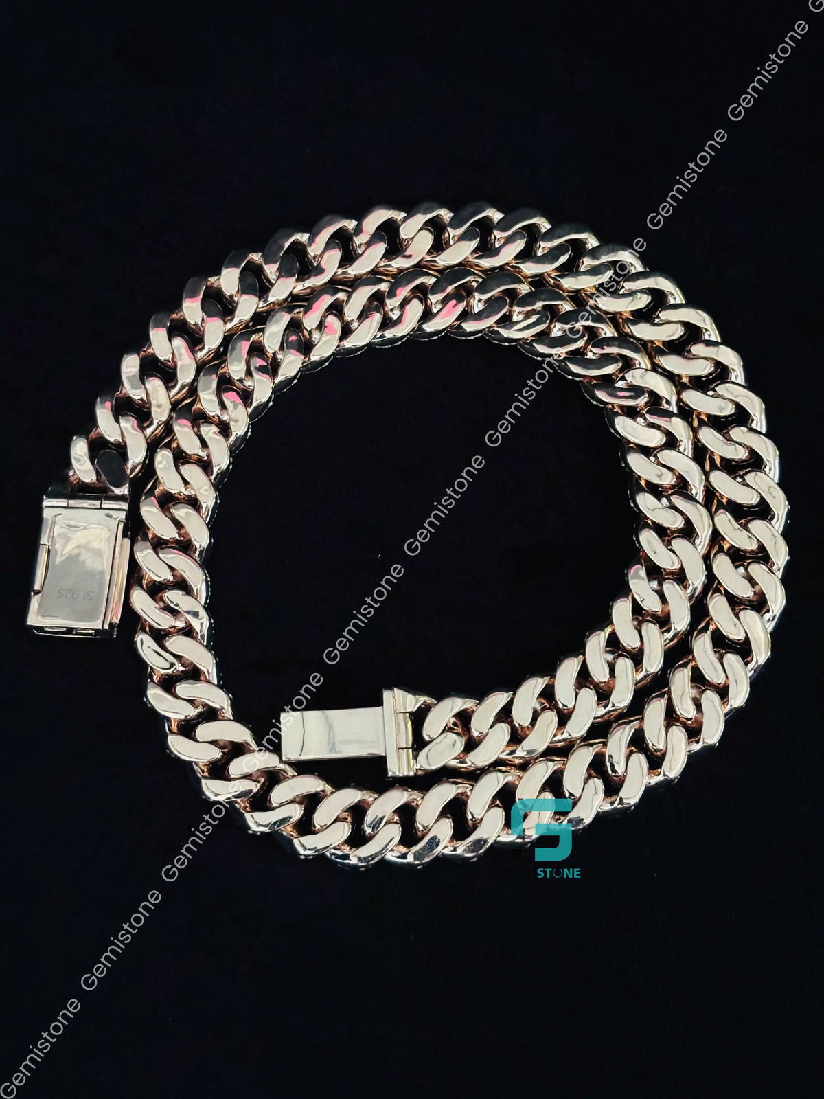 925 Silver 18MM Baguette and Round Diamond Cuban Link Chain