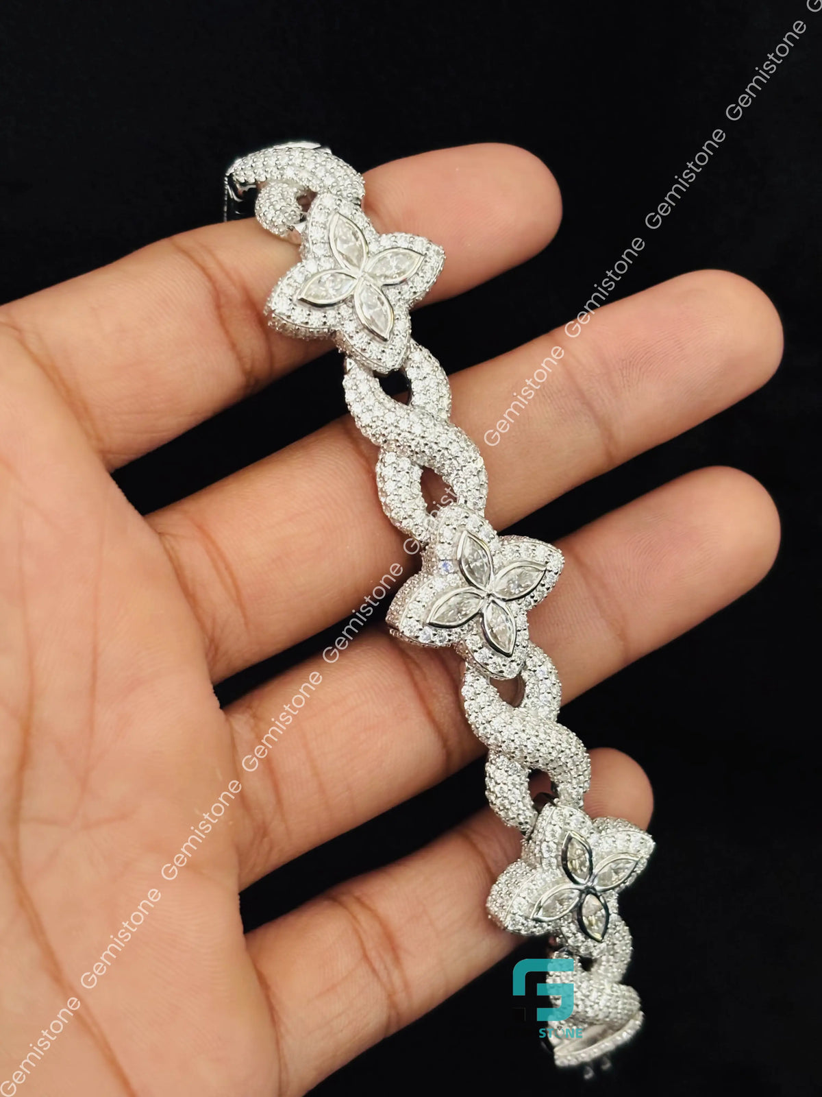 925 Silver 20MM White Marquise Iced Out Moissanite Clover Bracelet