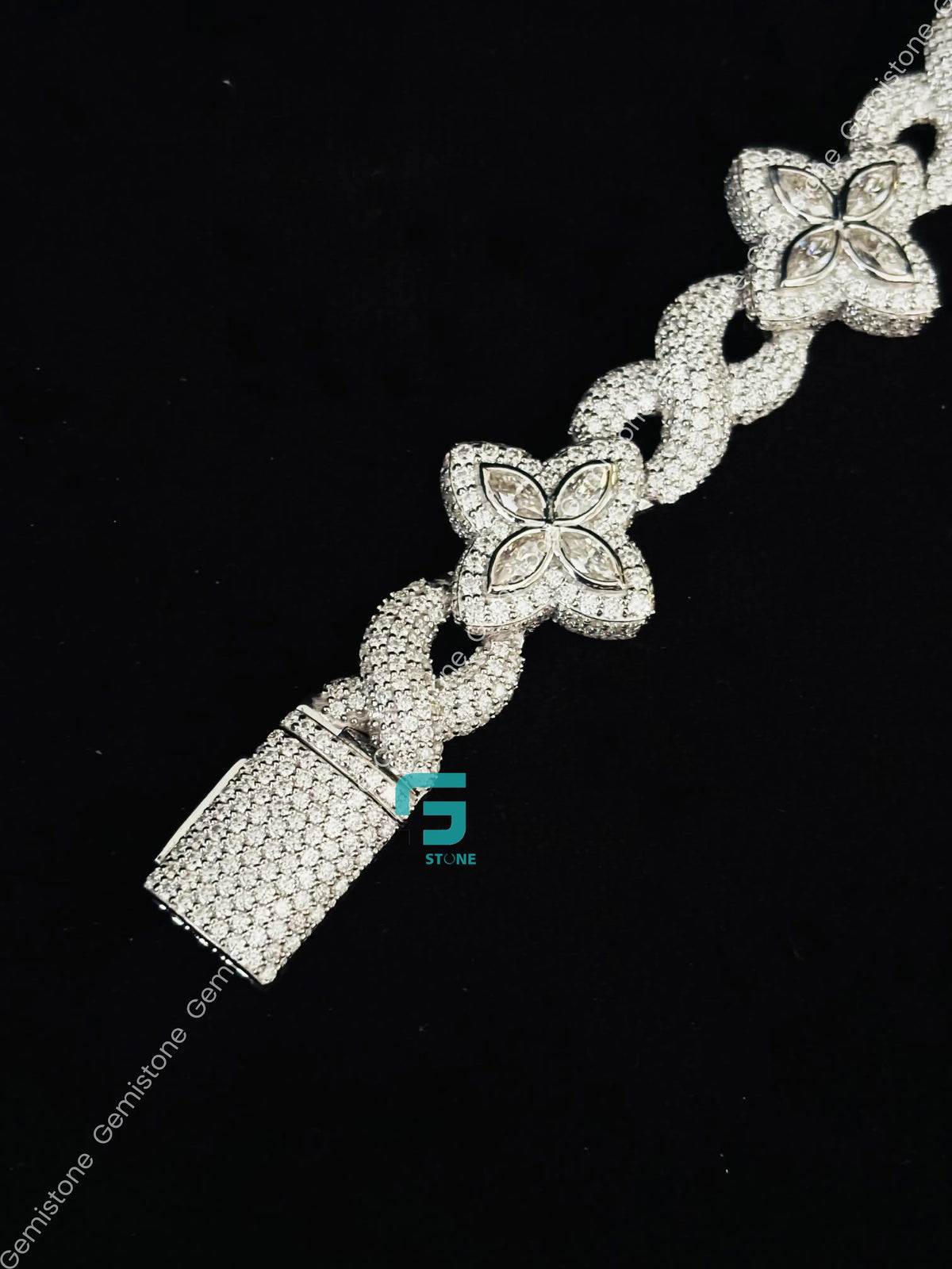 925 Silver 20MM White Marquise Iced Out Moissanite Clover Bracelet