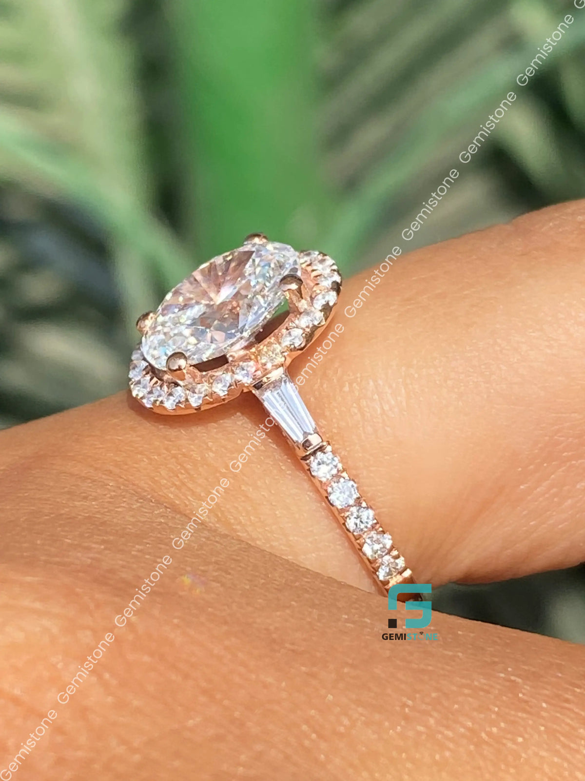 Oval and Tapper Baguette Halo Moissanite Annivasary Ring
