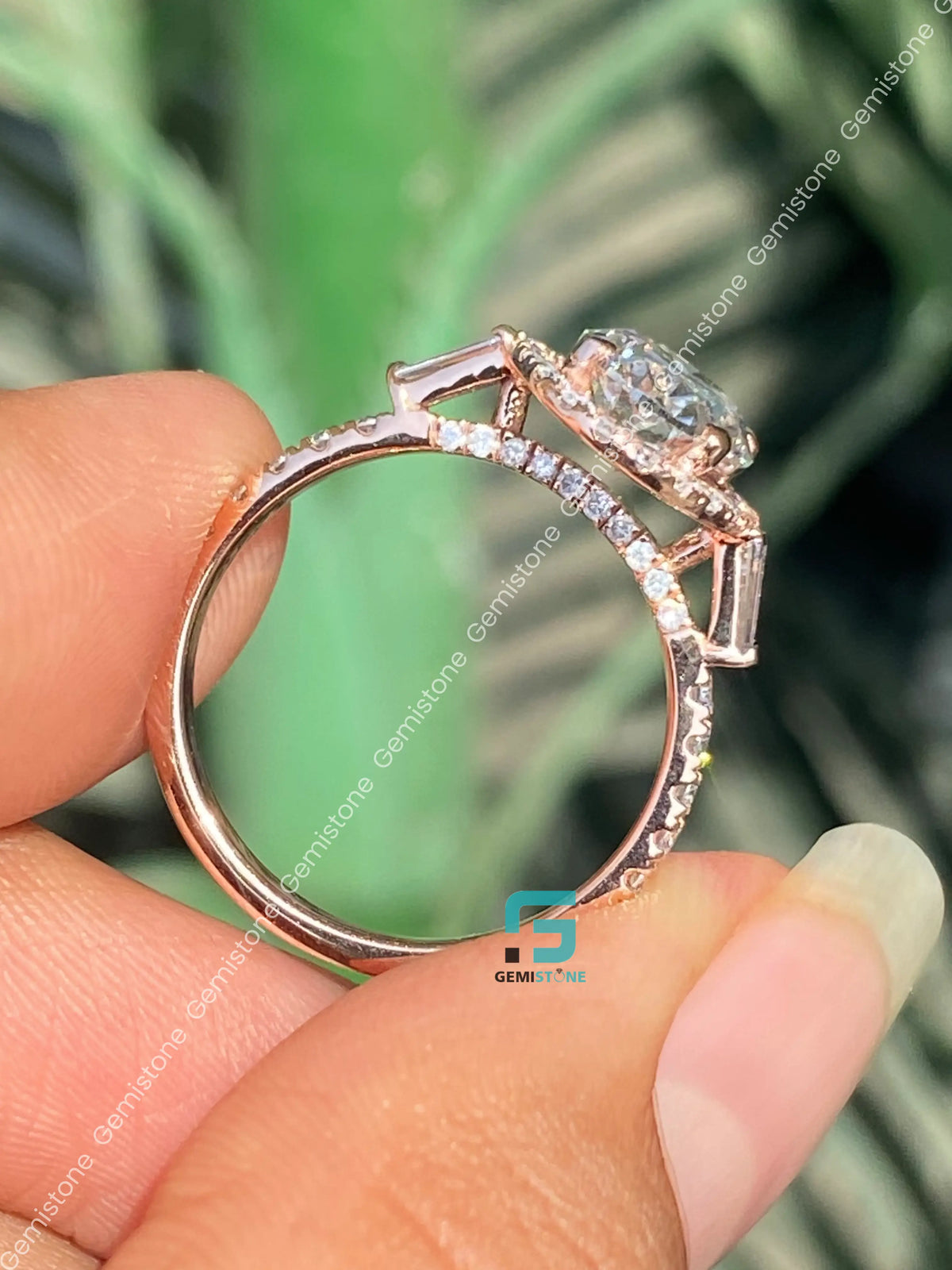 Oval and Tapper Baguette Halo Moissanite Annivasary Ring