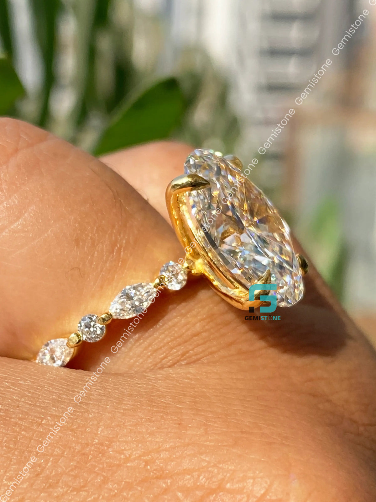 Oval Moissanite East West Marquise Bubble Pave Band Moissanite Ring