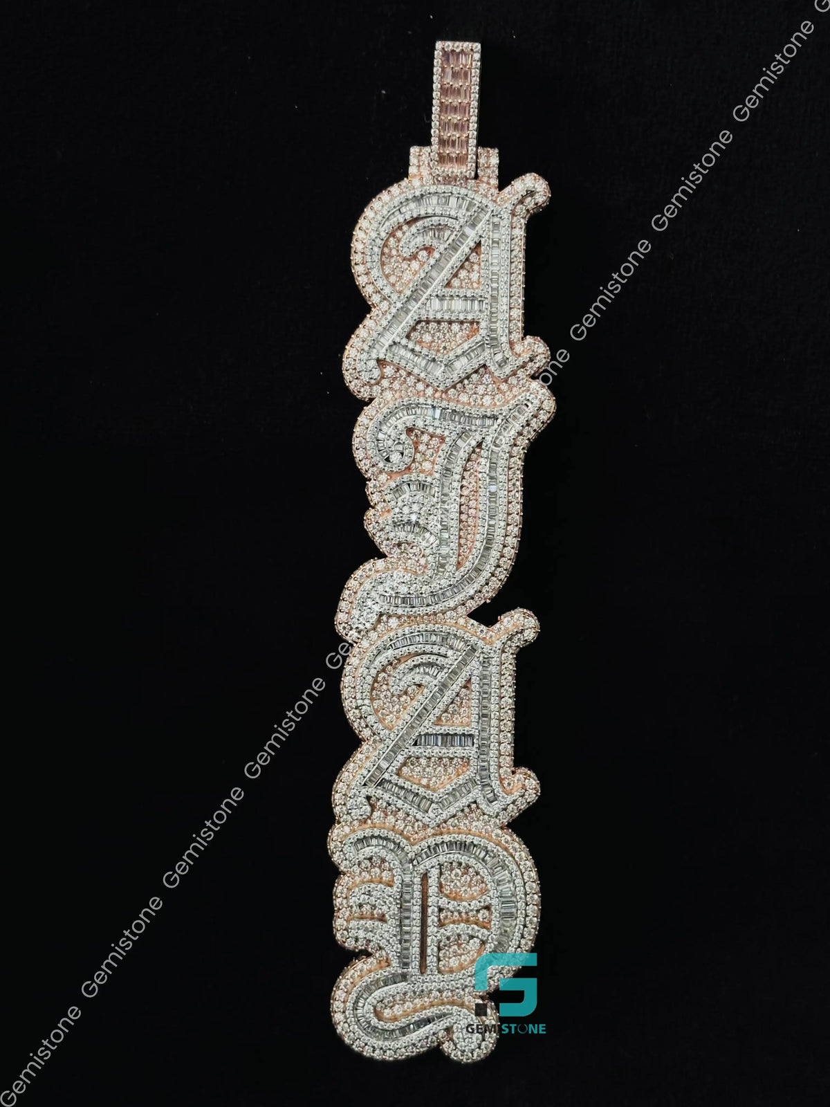 Two Tone Custom Name Baguette Moissanite Vertical Pendant