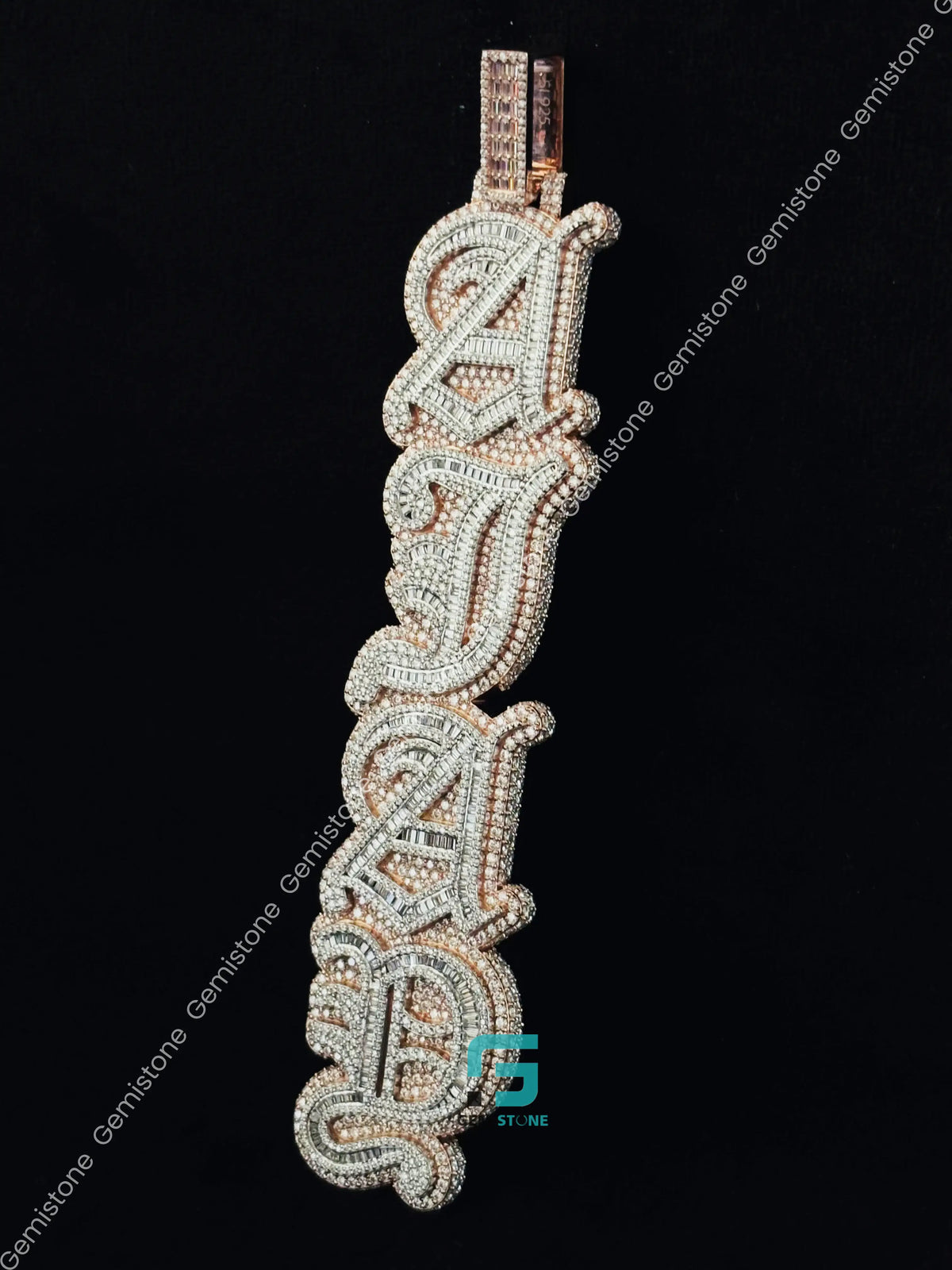 Two Tone Custom Name Baguette Moissanite Vertical Pendant
