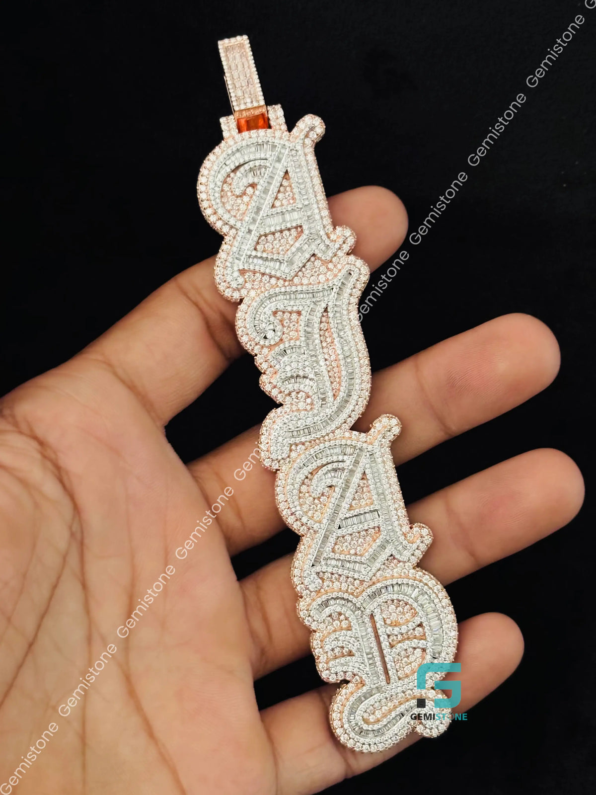 Two Tone Custom Name Baguette Moissanite Vertical Pendant