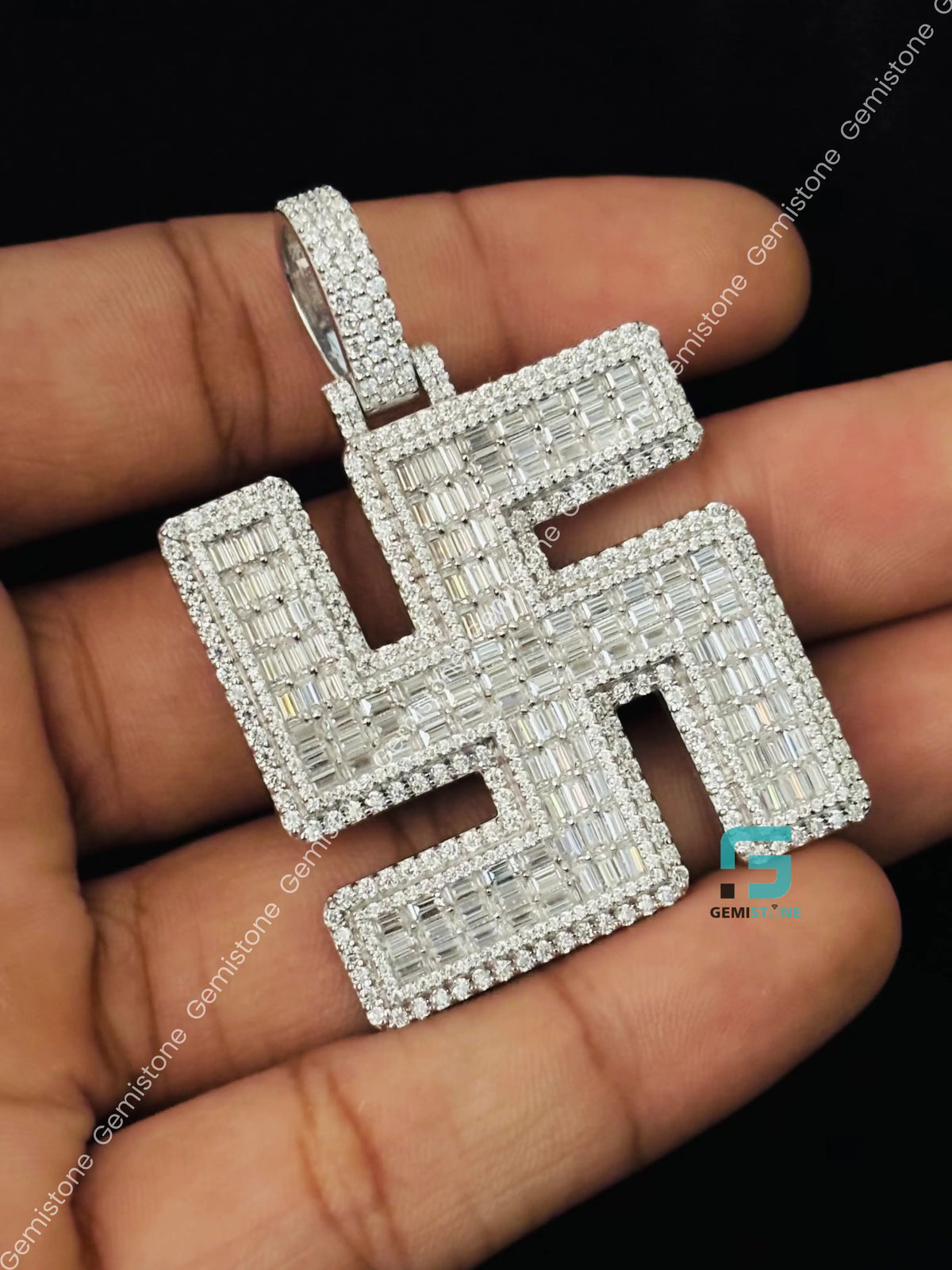 Baguette & Round Swastik Moissanite Iced Out Pendant