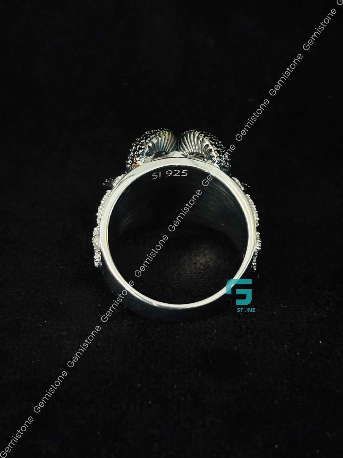 Black & White Diamond RAM Head Skull Moissanite Hip Hop Ring