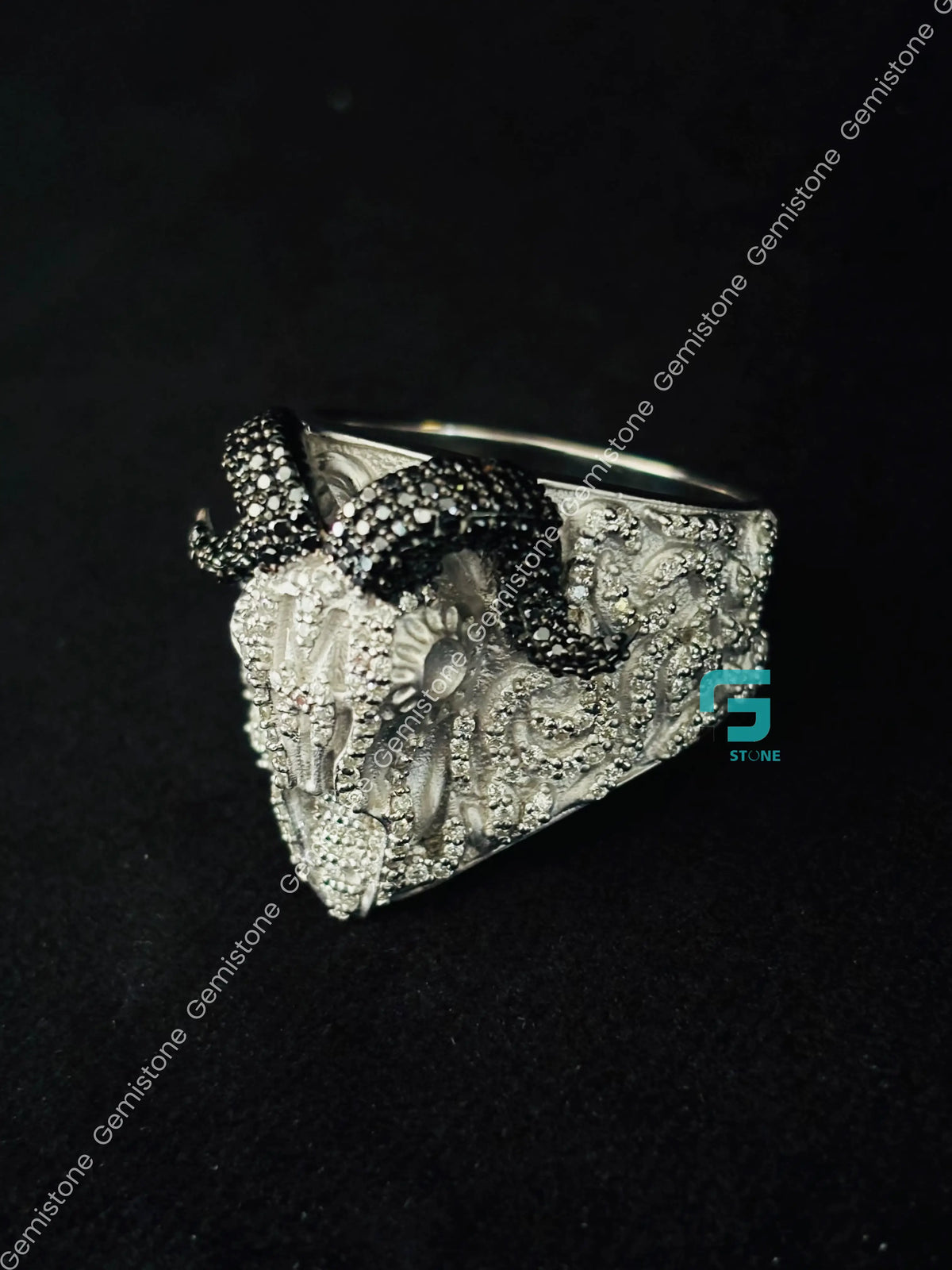 Black & White Diamond RAM Head Skull Moissanite Hip Hop Ring
