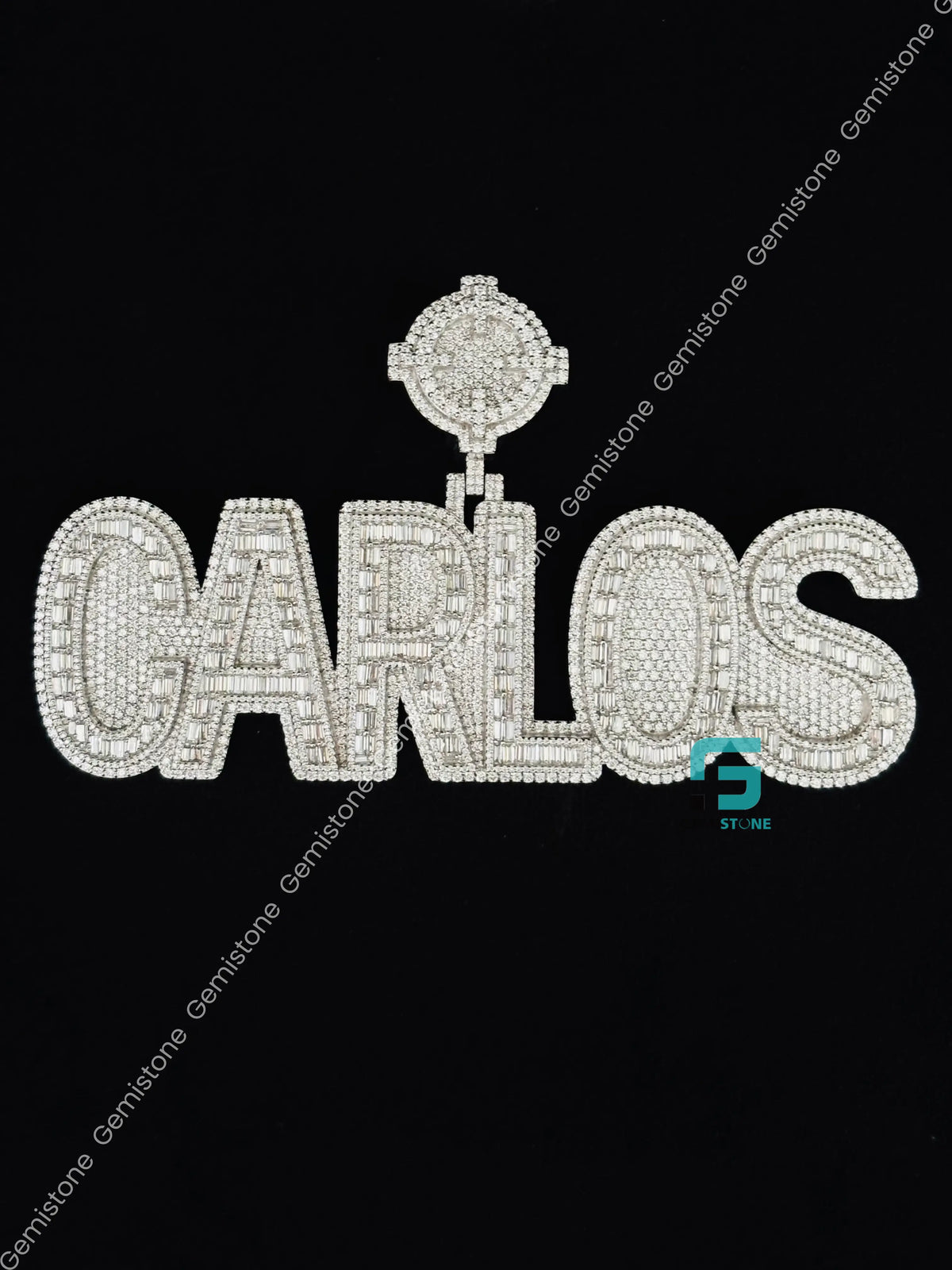 CARLOS Name Round and Baguette Moissanite Pendant