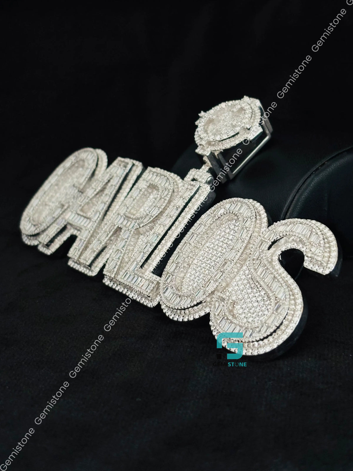 CARLOS Name Round and Baguette Moissanite Pendant