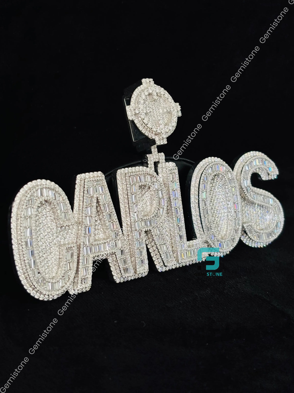 CARLOS Name Round and Baguette Moissanite Pendant