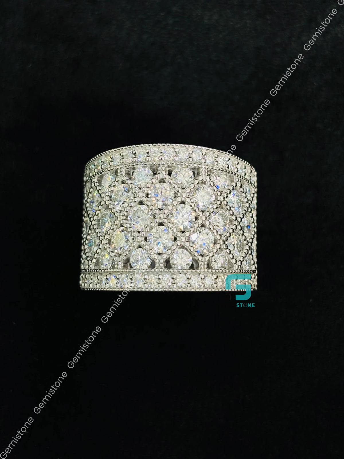 Iced Out Criss Cross Moissanite Milgrain Hip Hop Ring In 925 Silver
