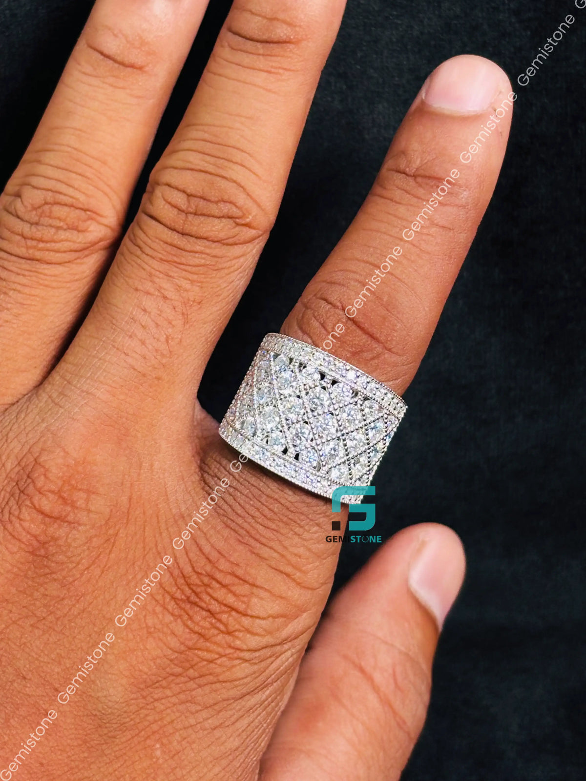 Iced Out Criss Cross Moissanite Milgrain Hip Hop Ring In 925 Silver
