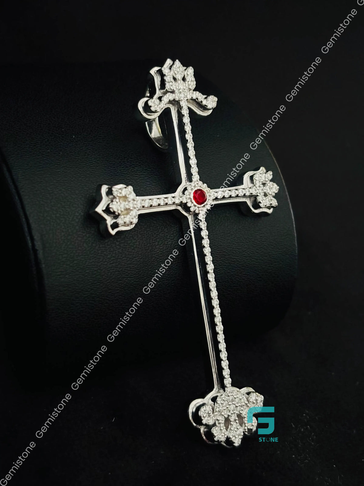 925 Silver Custom Ruby Jesus Cross Moissanite Charm Pendant