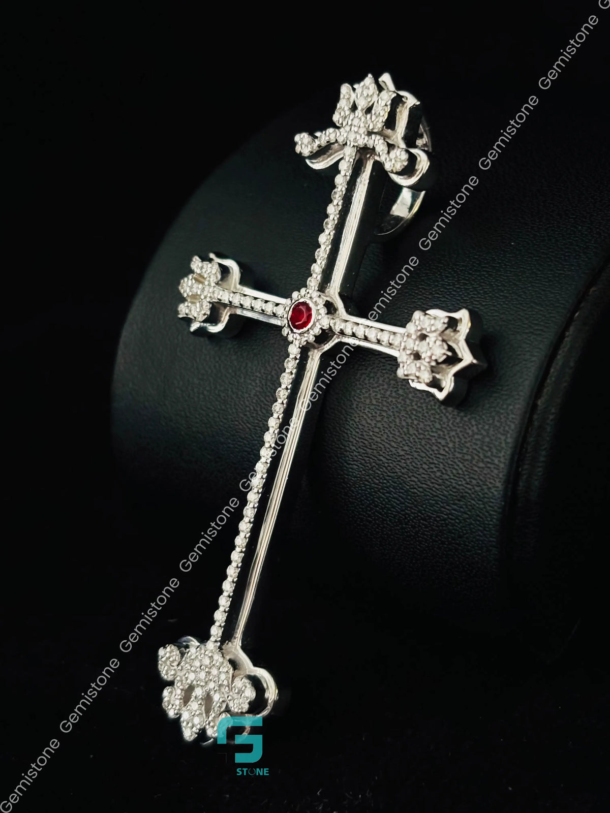 925 Silver Custom Ruby Jesus Cross Moissanite Charm Pendant