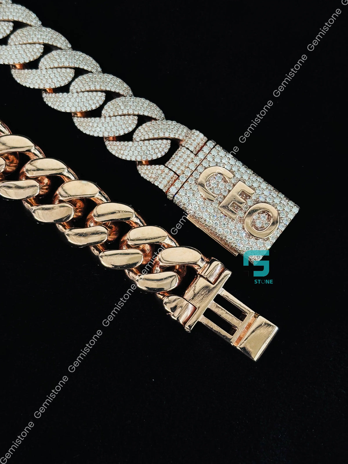 18MM Rose Gold Plated Iced Out Cuban Link Chain in 925 Silver