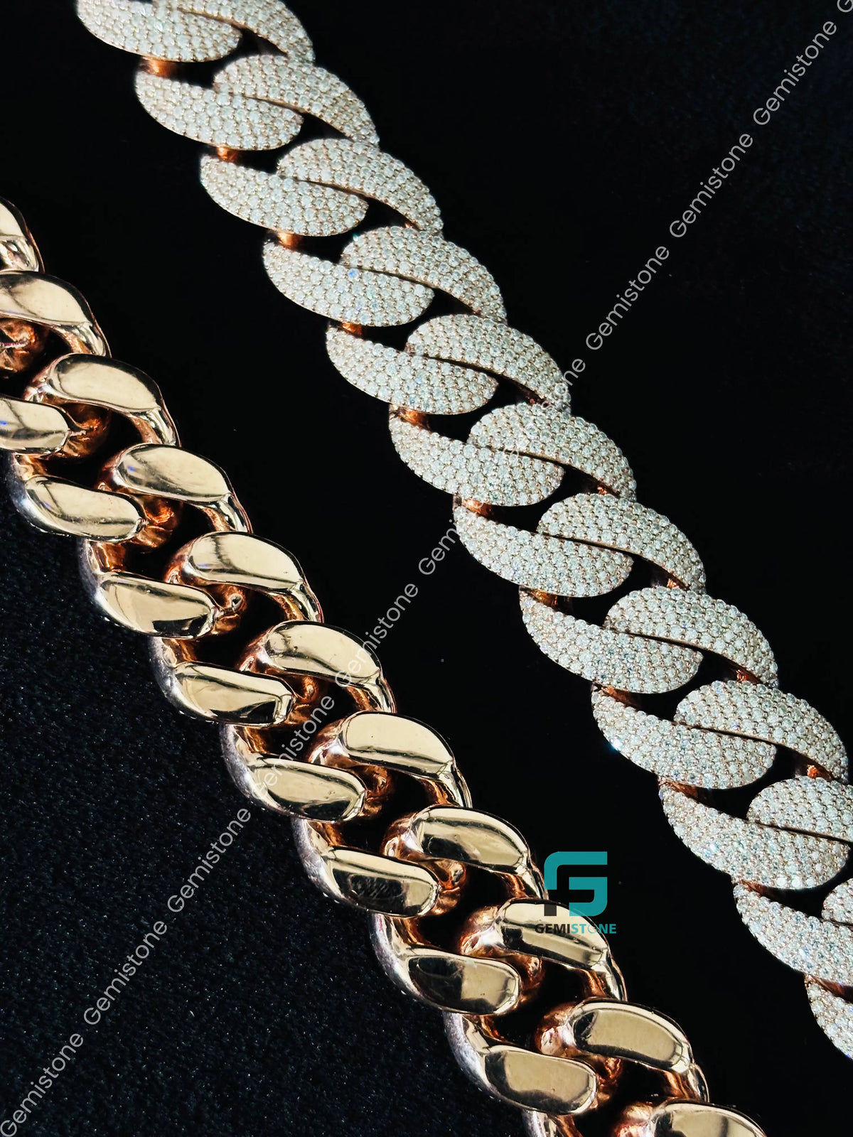 18MM Rose Gold Plated Iced Out Cuban Link Chain in 925 Silver