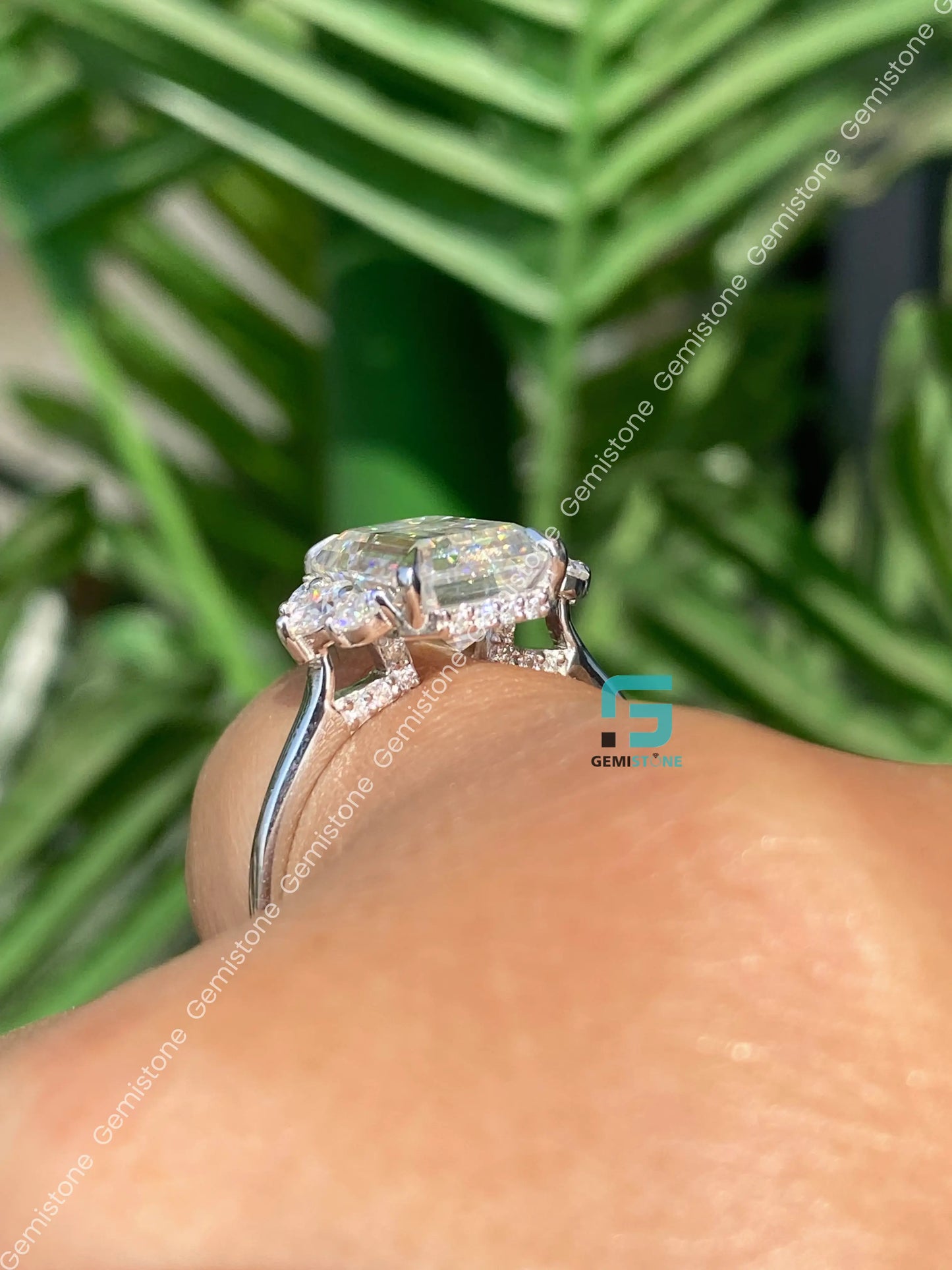 5 CT Emerald Cut Hidden Halo Moissanite Engagement Ring