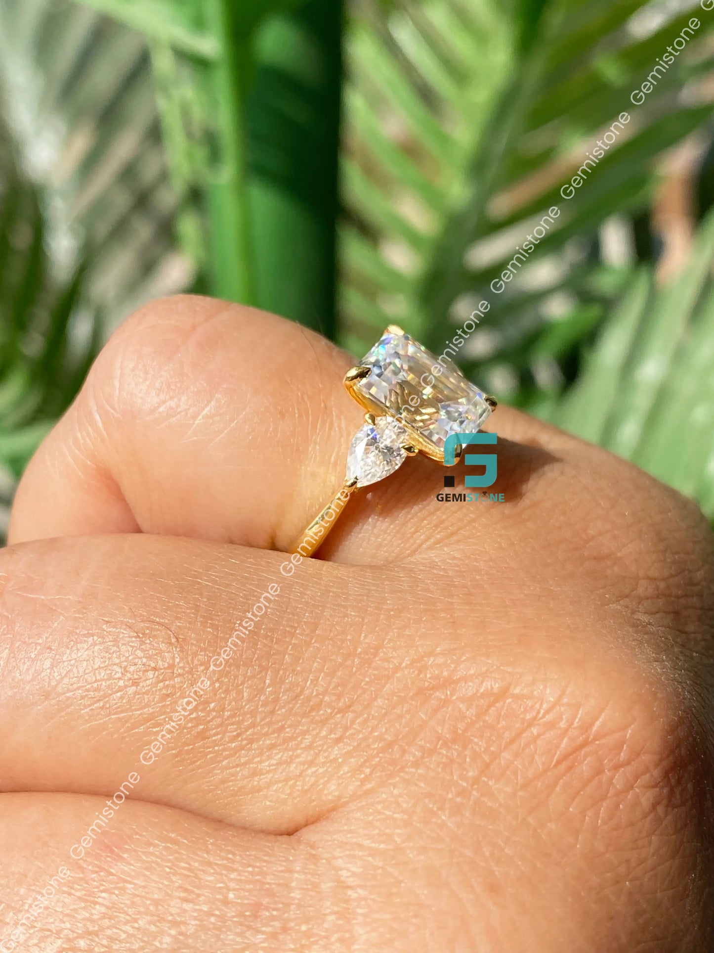 3 CT Emerald Cut Three Stone Moissanite Engagement Ring