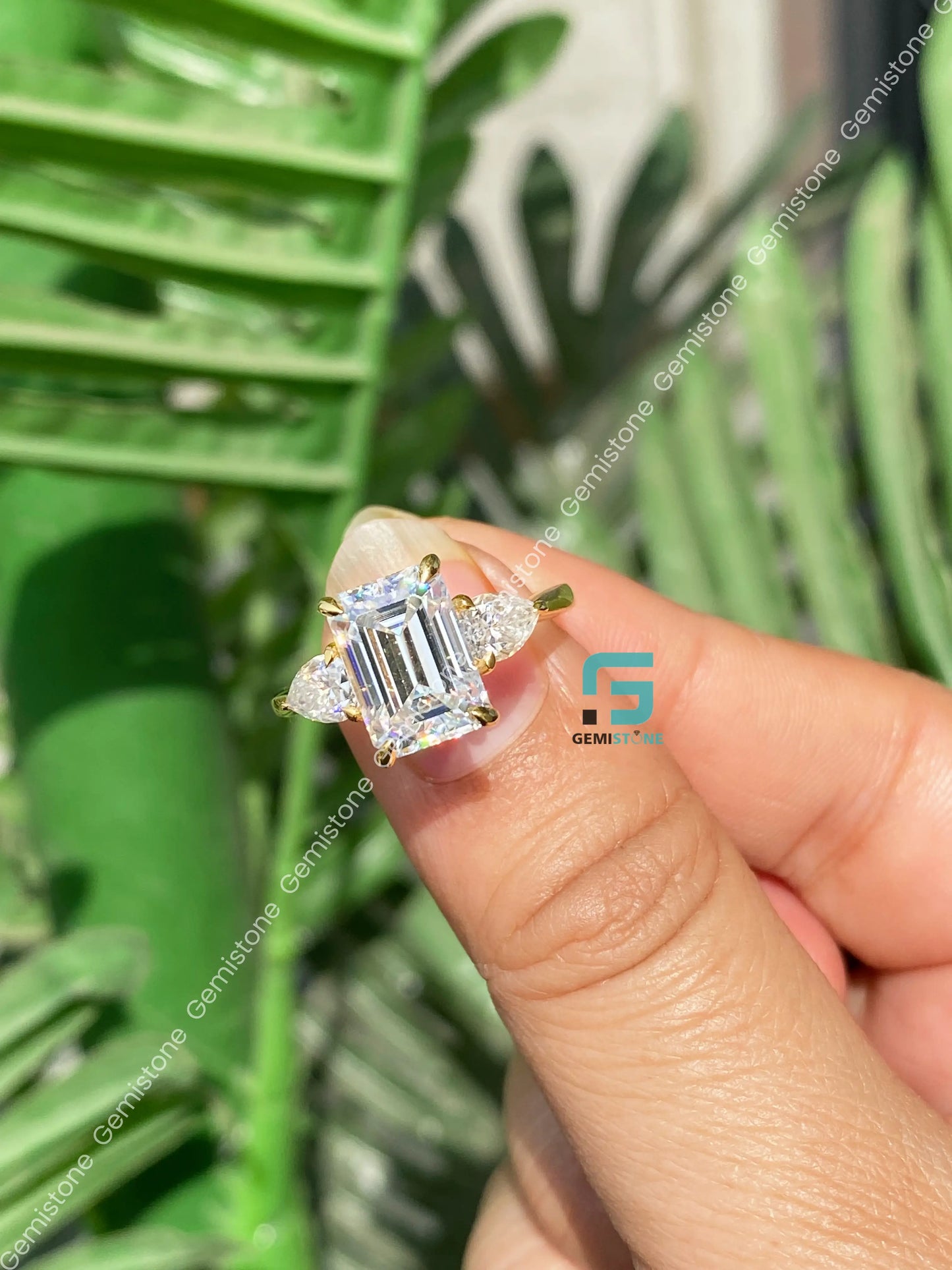 3 CT Emerald Cut Three Stone Moissanite Engagement Ring