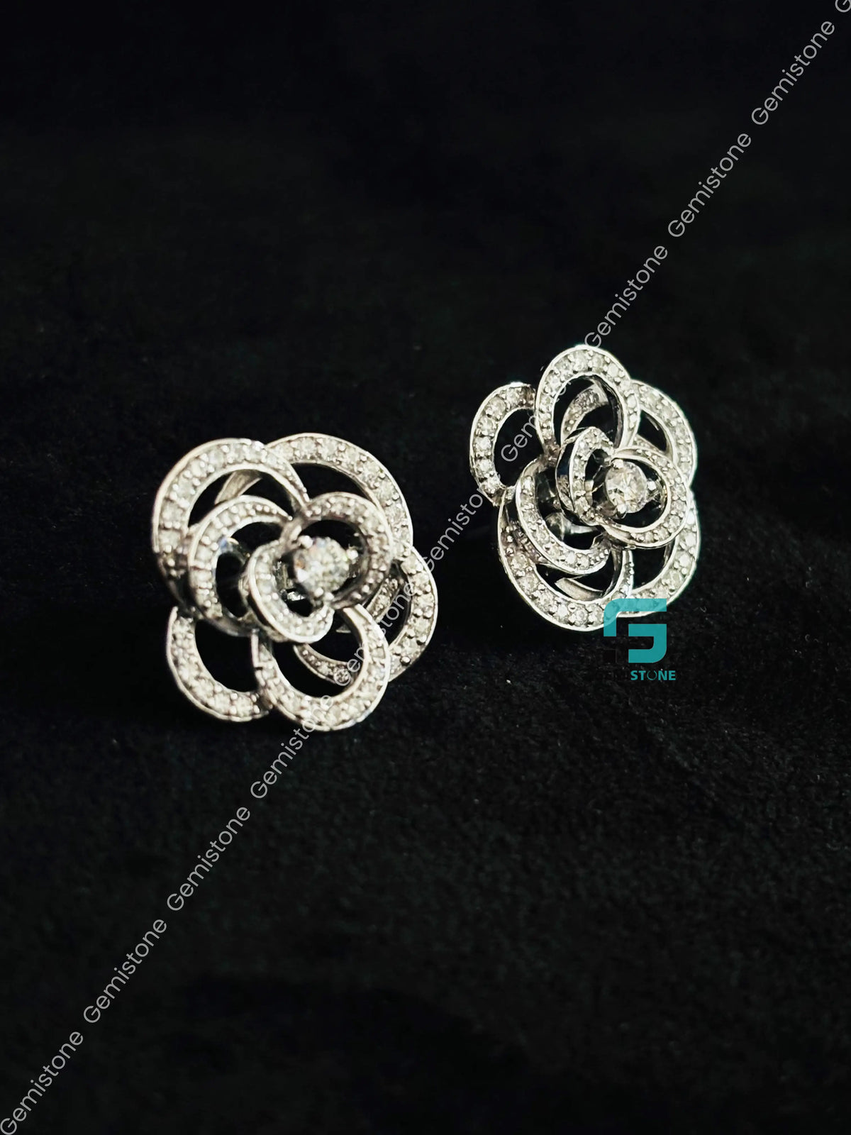 Floral Rose Shape Round Diamond Moissanite Stud Earrings