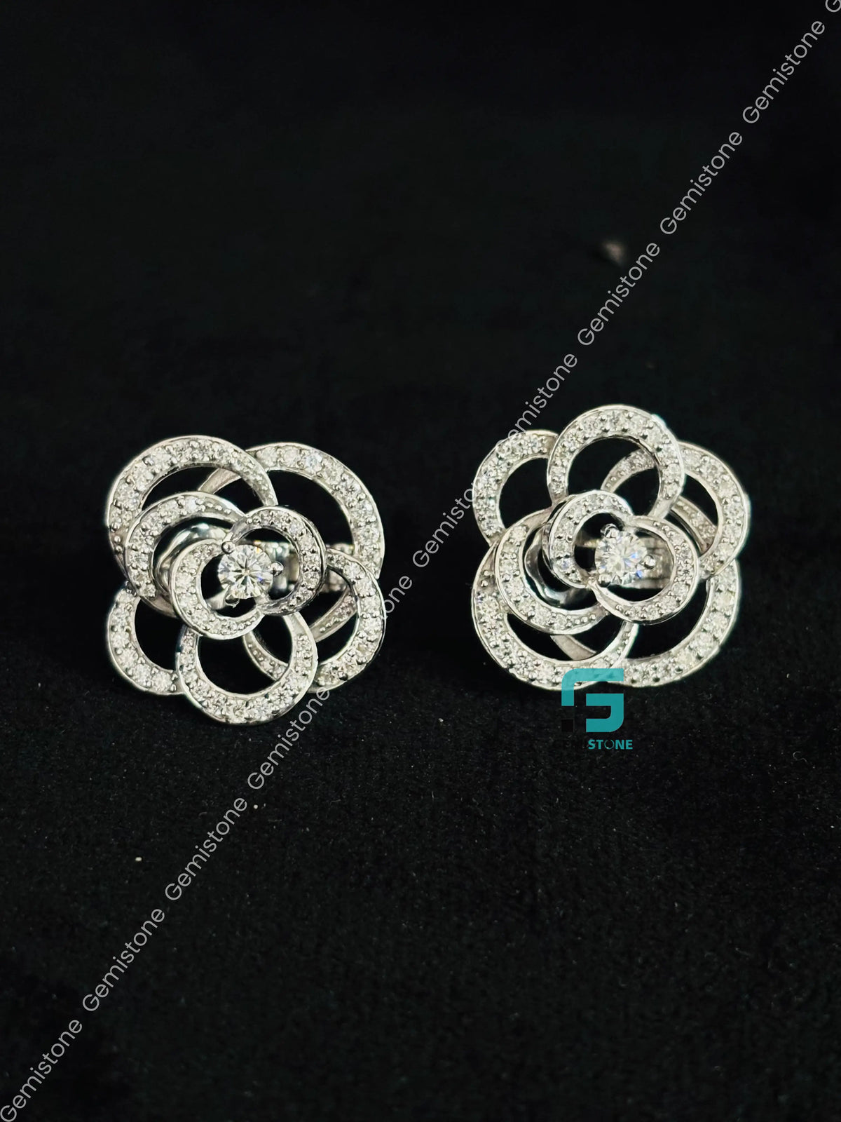 Floral Rose Shape Round Diamond Moissanite Stud Earrings
