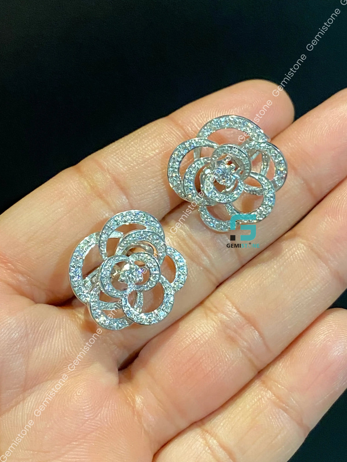 Floral Rose Shape Round Diamond Moissanite Stud Earrings