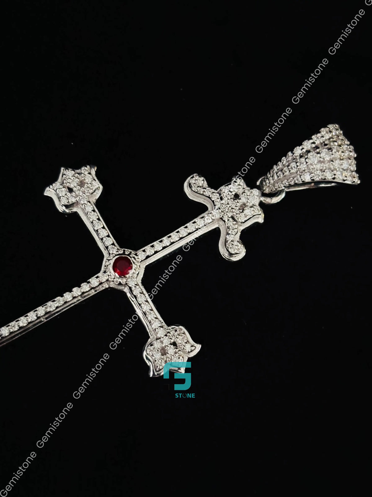 Jesus Cross Moissanite Ruby Hip Hop Pendant 925 Silver