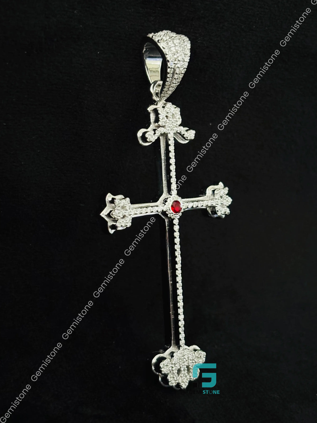 Jesus Cross Moissanite Ruby Hip Hop Pendant 925 Silver