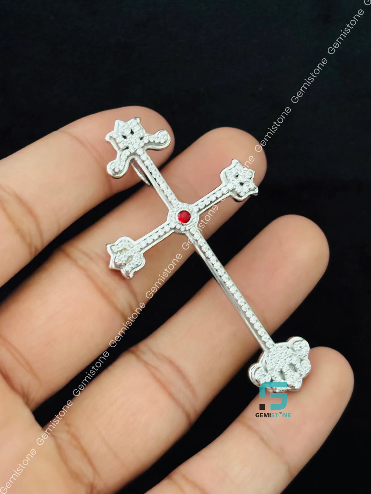 925 Silver Custom Ruby Jesus Cross Moissanite Charm Pendant