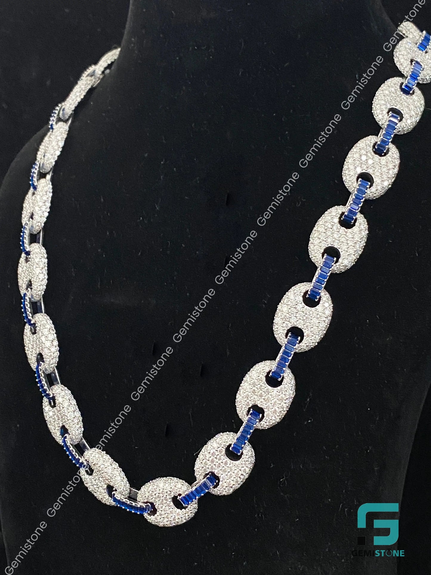 22" 925 Silver Fully Iced Out Round & Blue Baguette Puff Link Moissanite Cuban Chain