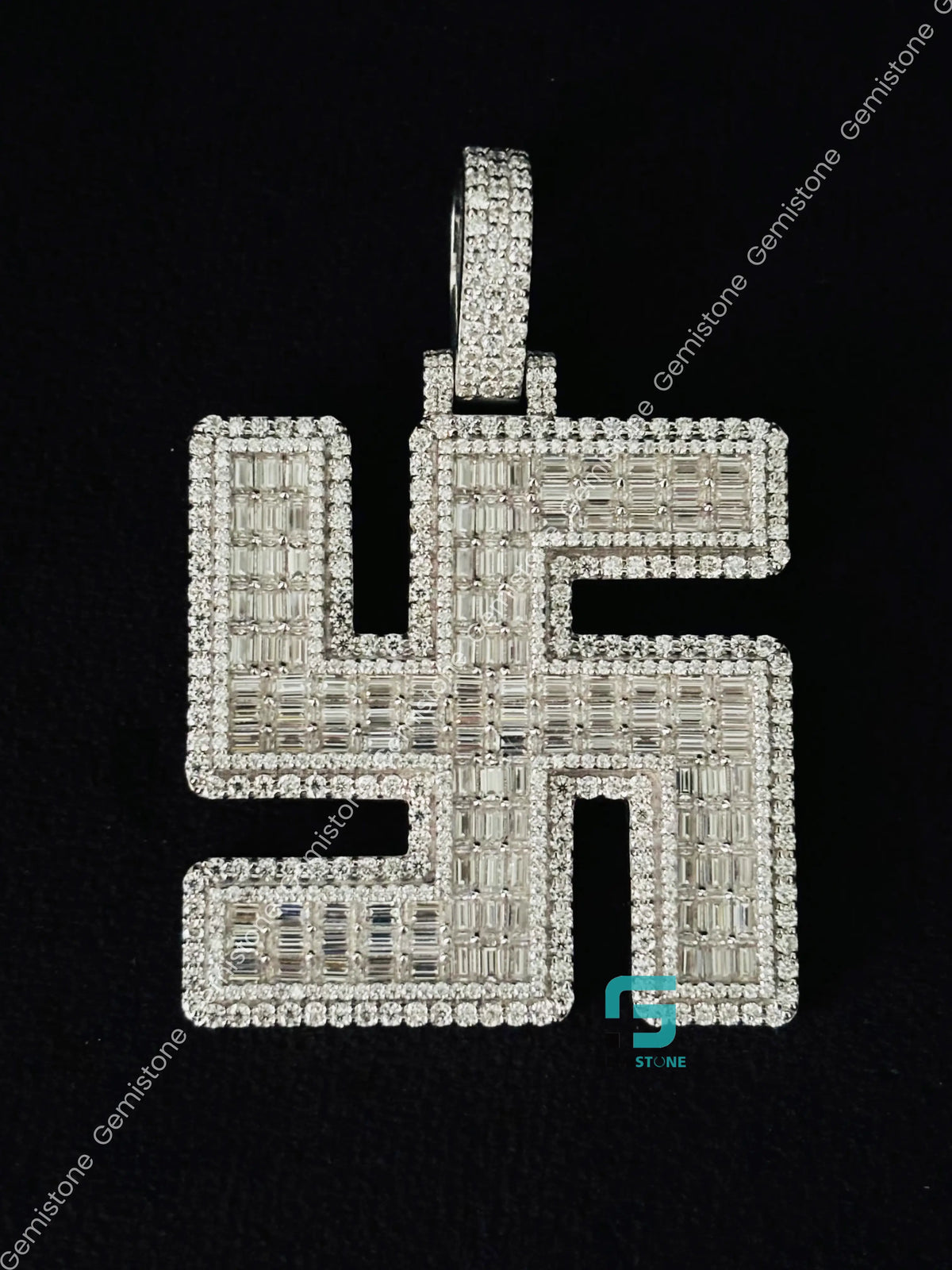 Baguette & Round Swastik Moissanite Iced Out Pendant