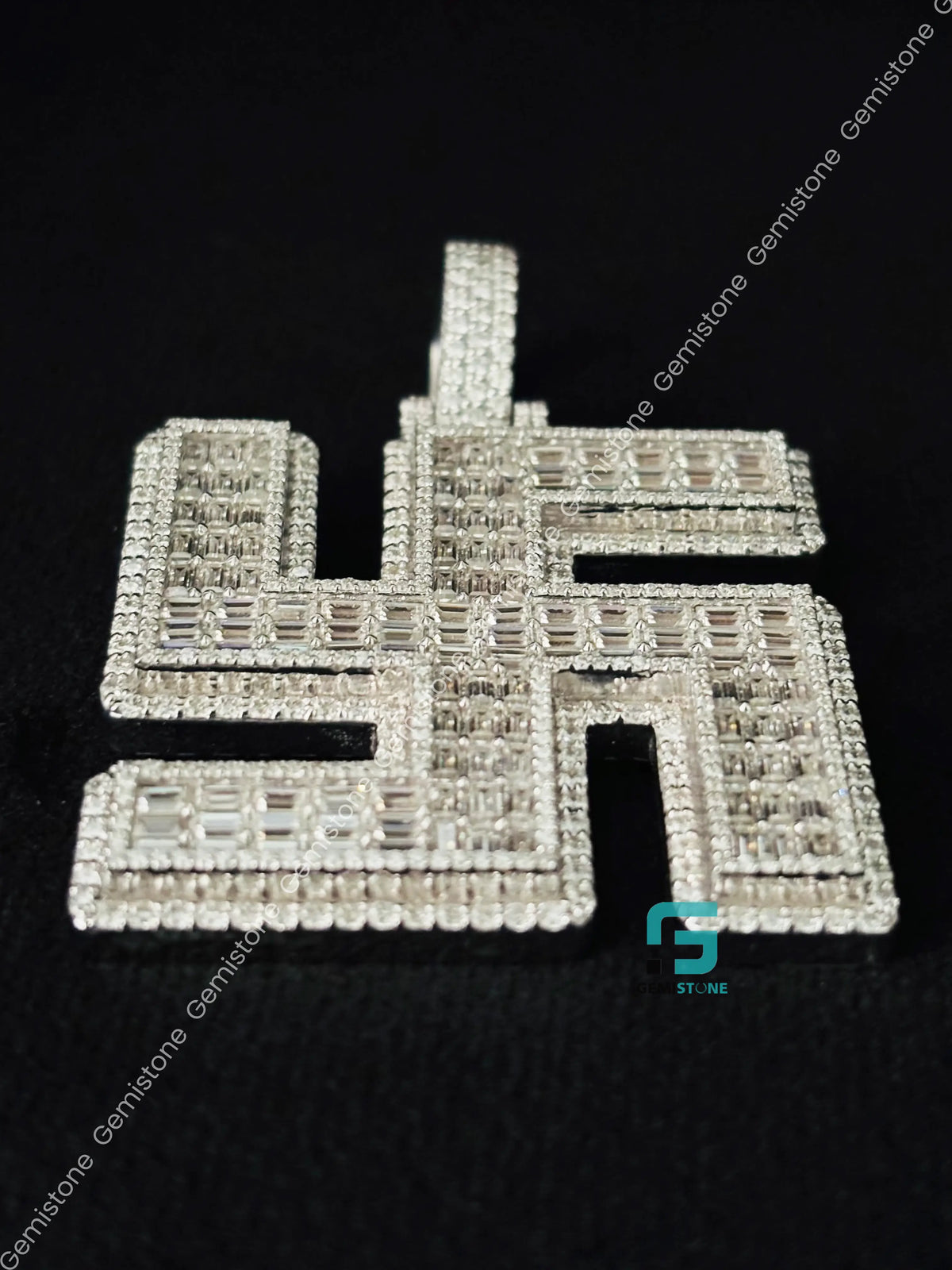 Baguette & Round Swastik Moissanite Iced Out Pendant