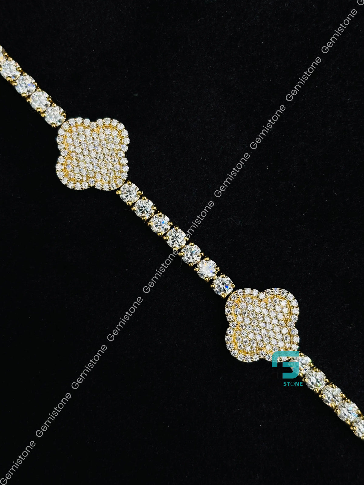 925 Silver Studded Tennis Moissanite Diamond Clover Bracelet