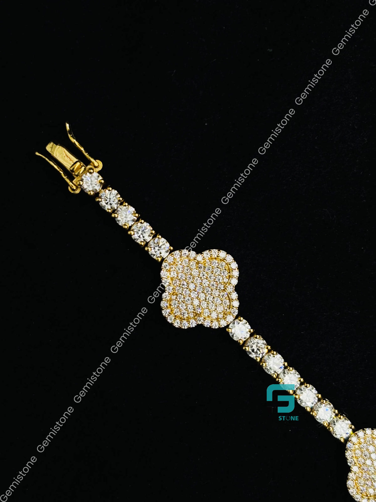 925 Silver Studded Tennis Moissanite Diamond Clover Bracelet