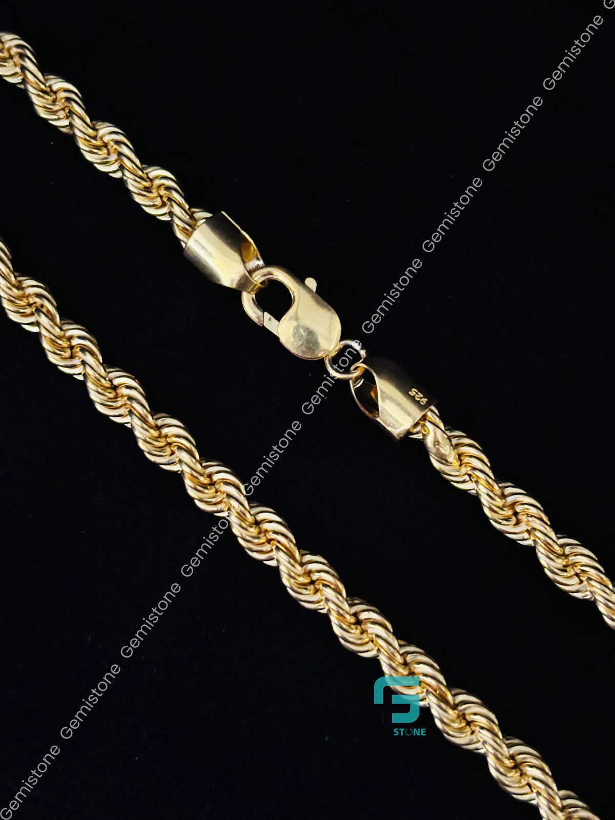 925 Silver 5MM Yellow Gold Plated Plain Rope Chain