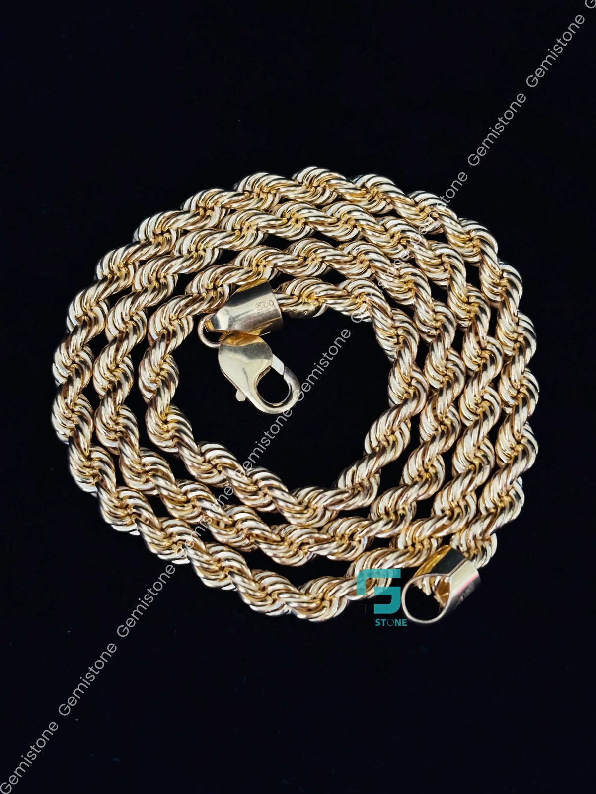 925 Silver 5MM Yellow Gold Plated Plain Rope Chain