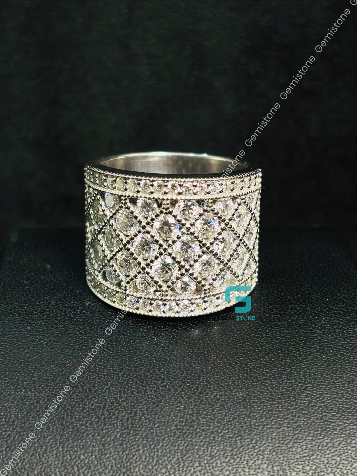 Iced Out Criss Cross Moissanite Milgrain Hip Hop Ring In 925 Silver