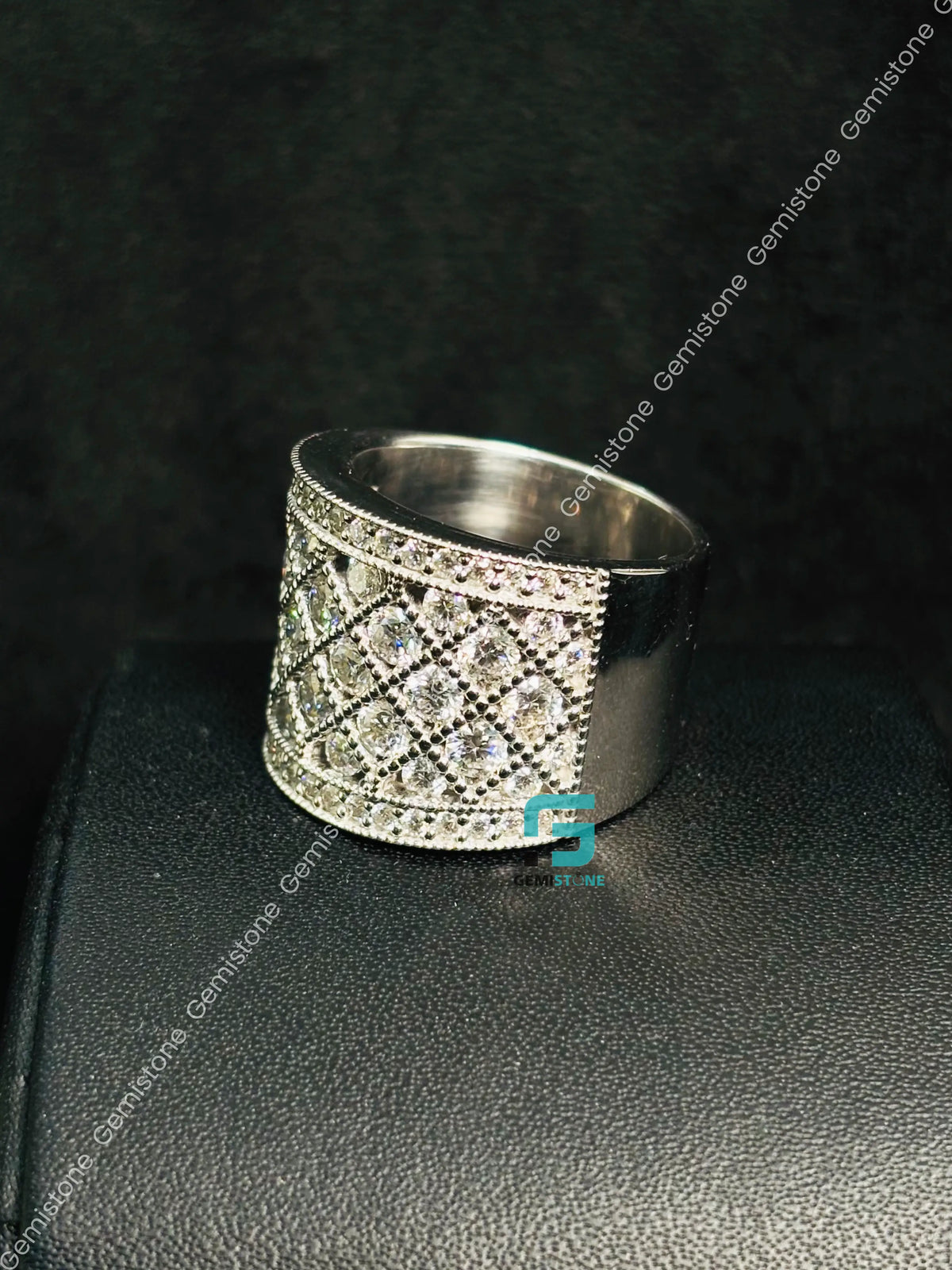 Iced Out Criss Cross Moissanite Milgrain Hip Hop Ring In 925 Silver