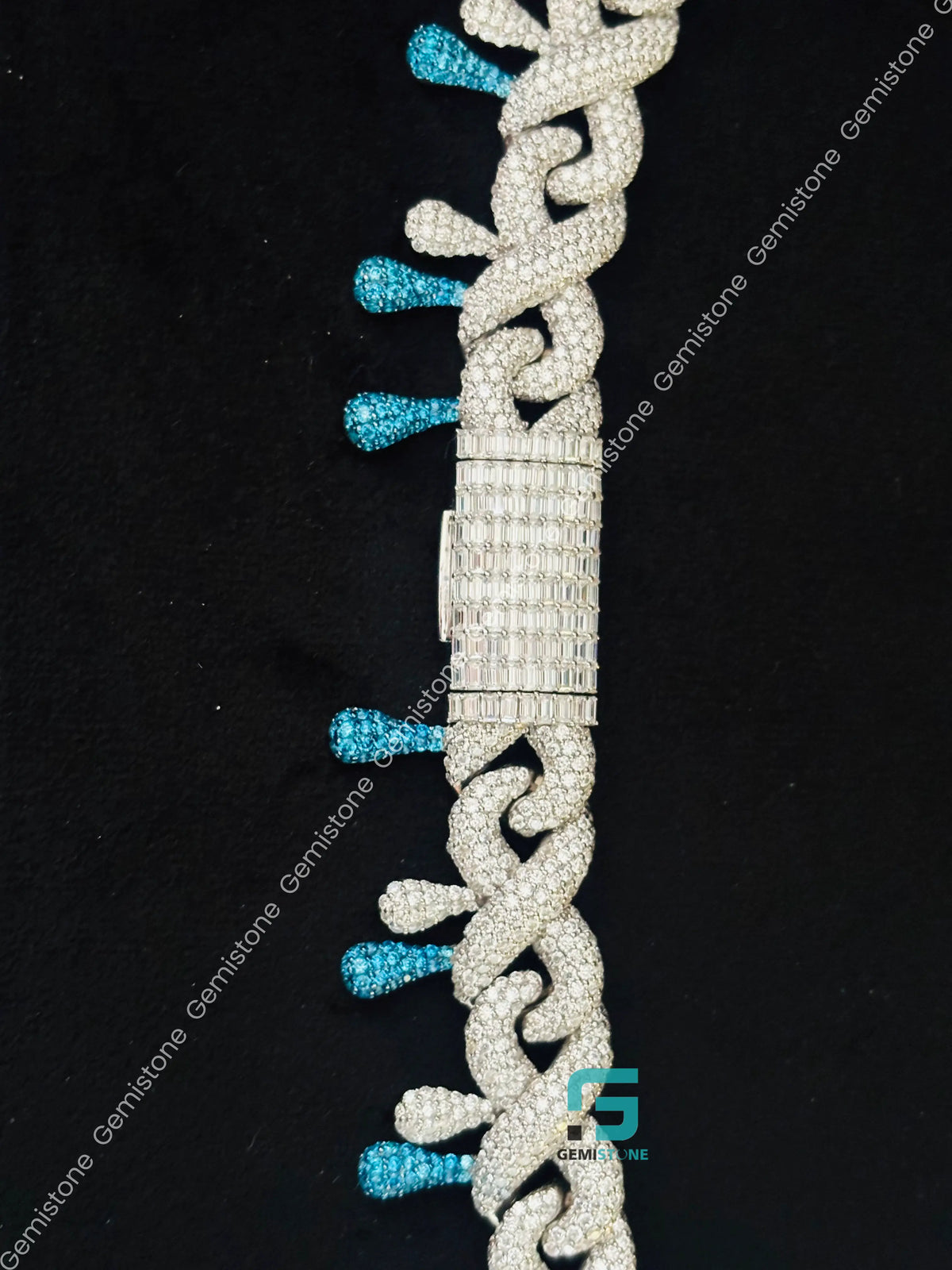14MM Iced Out White & Sky Blue Diamond Moissanite Chain