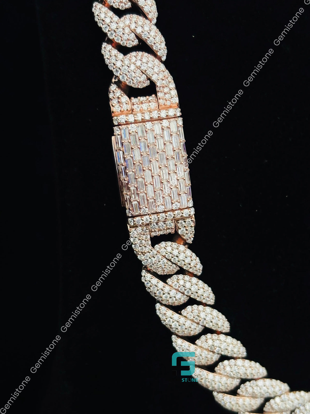 925 Silver 18MM Baguette and Round Diamond Cuban Link Chain