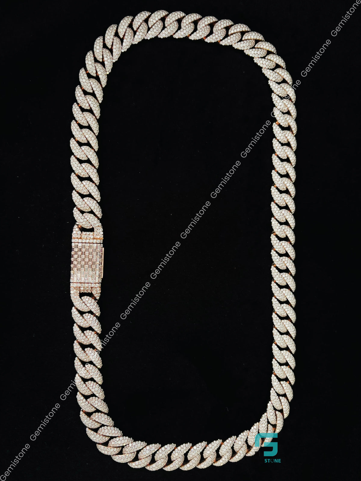 925 Silver 18MM Baguette and Round Diamond Cuban Link Chain