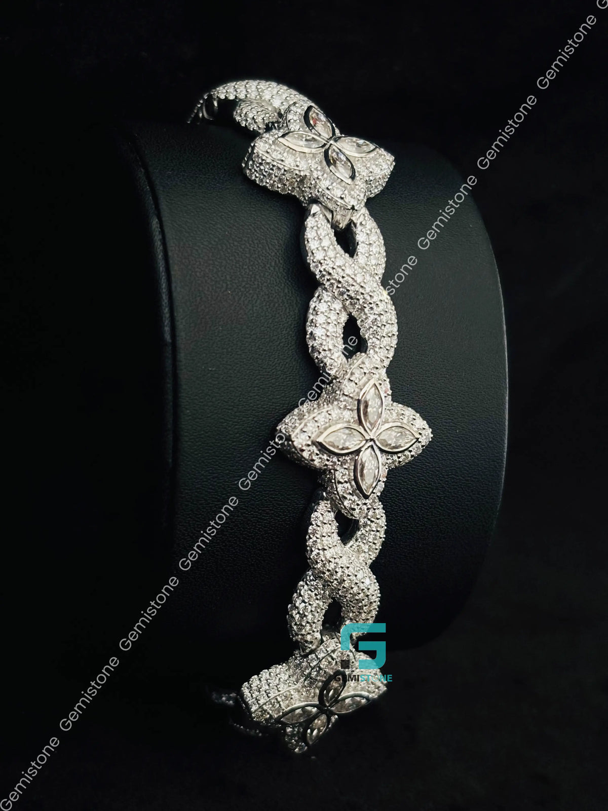 925 Silver 20MM White Marquise Iced Out Moissanite Clover Bracelet